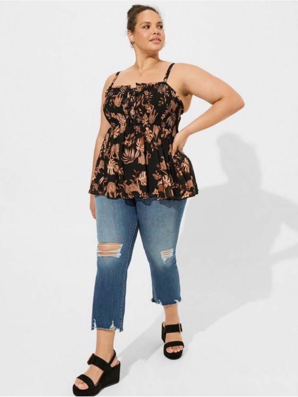 torrid Black Floral Smocked Peplum Camisole